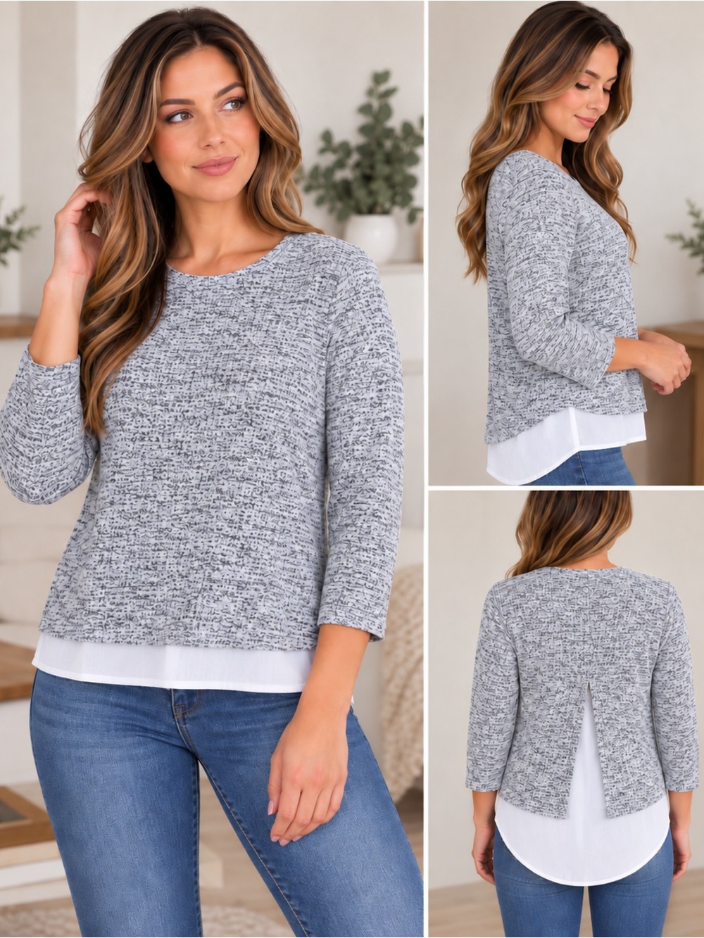 Max Jeans Women’s Gray Marled Layered Look Sweater White Shirt Hem 3/4 Sleeve M